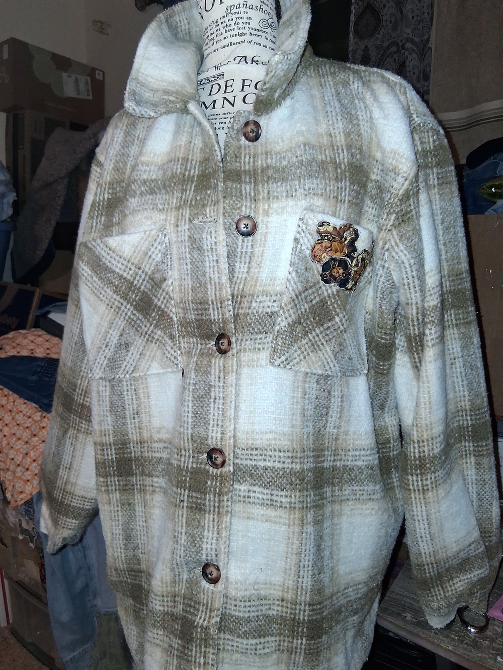 Time and Tru, Browm & Cream Plaid, Button-Front Shacket with Chest Patch